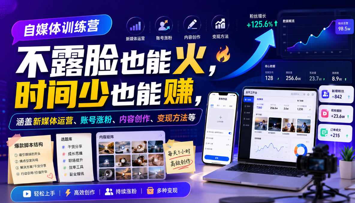 自媒体训练营，不露脸也能火，时间少也能賺，涵盖新媒体运营、账号涨粉、内容创作、变现方法等-MFXUI中国站