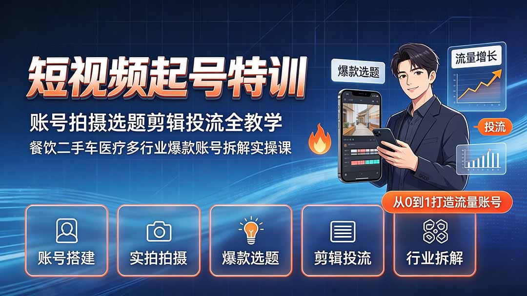短视频起号特训｜账号拍摄选题剪辑投流全教学，餐饮二手车医疗多行业爆款账号拆解实操课-MFXUI中国站