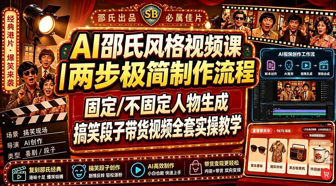 AI邵氏风格视频课｜两步极简制作流程，固定/不固定人物生成，搞笑段子带货视频全套实操教学-MFXUI中国站