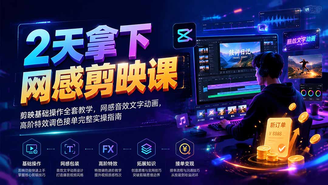2天拿下网感剪辑课｜剪映基础操作全套教学，网感音效文字动画，高阶特效调色接单完整实操指南-MFXUI中国站