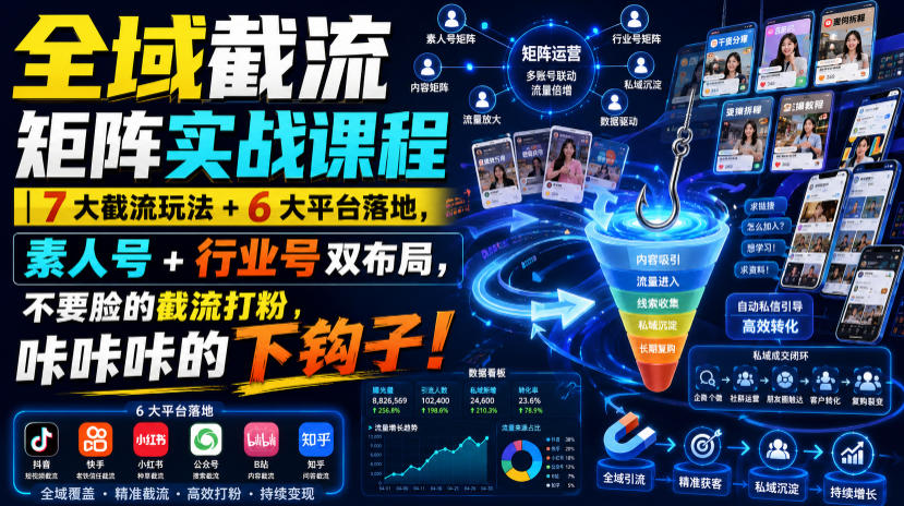 全域截流矩阵实战课程｜7大截流玩法+6大平台落地，素人号+行业号双布局，不要脸的截流打粉，咔咔咔的下钩子！-MFXUI中国站
