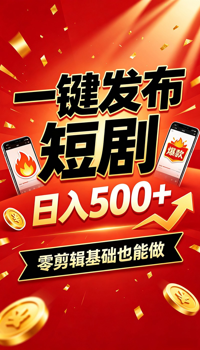 快手短剧一键发布，不用剪辑操作简单，副业日入500+。空闲时间轻松赚收益-MFXUI中国站