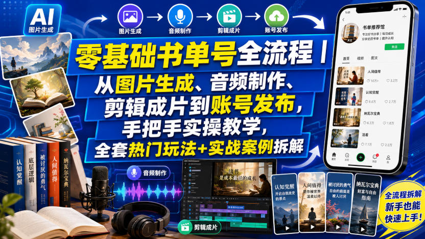 零基础书单号全流程｜从图片生成、音频制作、剪辑成片到账号发布，手把手实操教学，全套热门玩法+实战案例拆解-MFXUI中国站