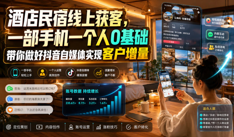 酒店民宿线上获客，一部手机一个人0基础带你做好抖音自媒体实现客户增量-MFXUI中国站