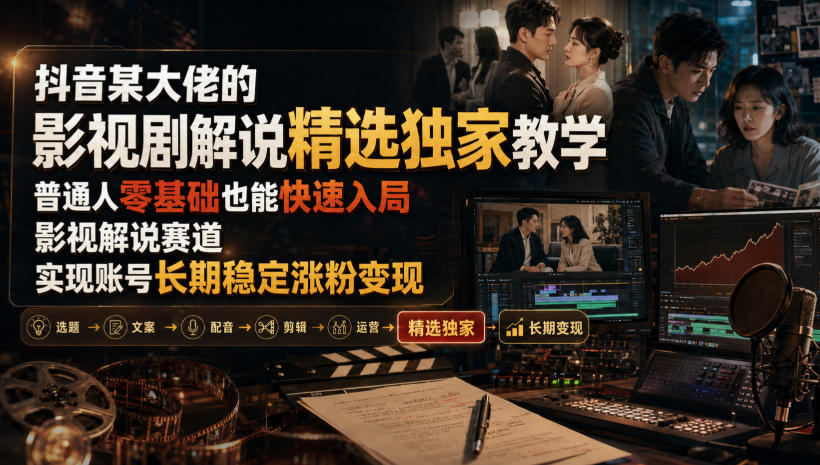 抖音某大佬的影视剧解说精选独家教学，普通人零基础也能快速入局影视解说赛道，实现账号长期稳定变现-MFXUI中国站