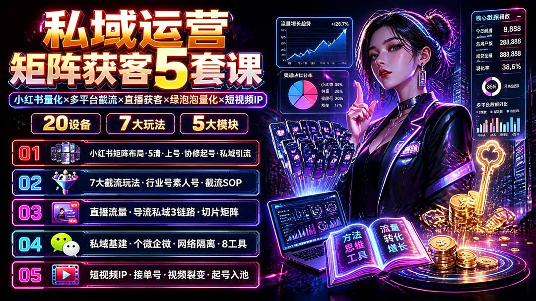 私域运营矩阵获客5套课：小红书量化×多平台截流×直播获客×绿泡泡量化×短视频IP×20设备×7大玩法-MFXUI中国站
