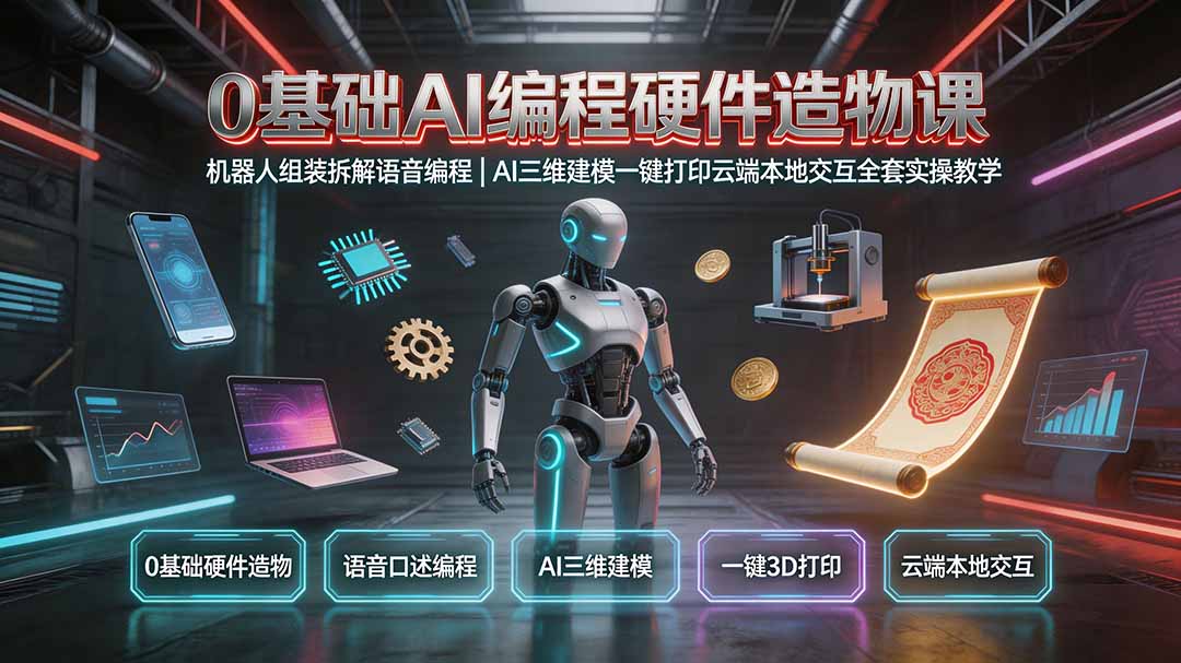 0基础AI编程硬件造物课｜机器人组装拆解语音编程，AI三维建模一键打印云端本地交互全套实操教学-MFXUI中国站