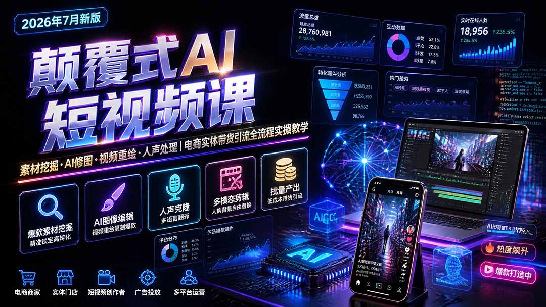 颠覆式AI短视频课｜素材挖掘，AI修图，视频重绘，人声处理｜电商实体带货引流全流程实操教学-MFXUI中国站