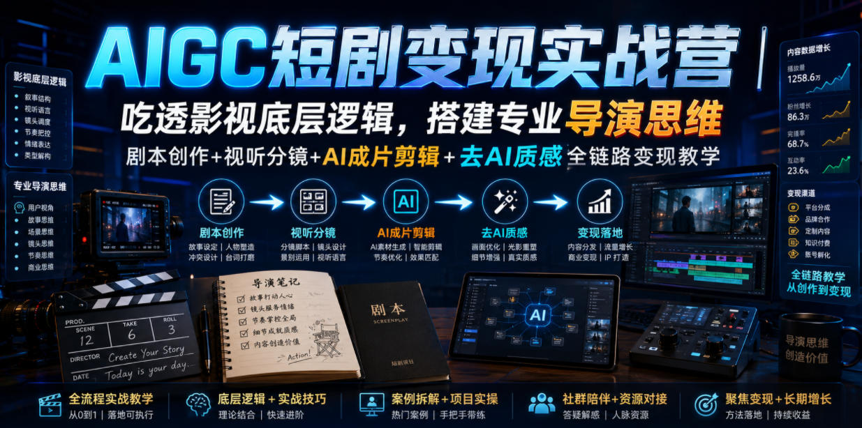 AIGC短剧变现实战营｜吃透影视底层逻辑，搭建专业导演思维，剧本创作+视听分镜+AI成片剪辑+去AI质感全链路变现教学-MFXUI中国站