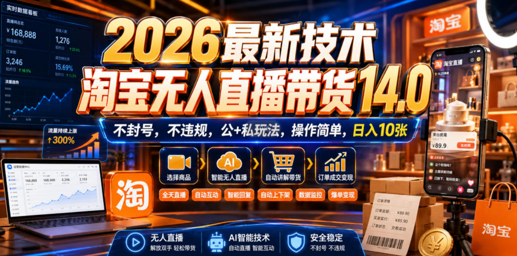 2026最新技术，淘宝无人直播带货14.0，不封号，不违规，公+私玩法，操作简单，日入10张【揭秘】-MFXUI中国站