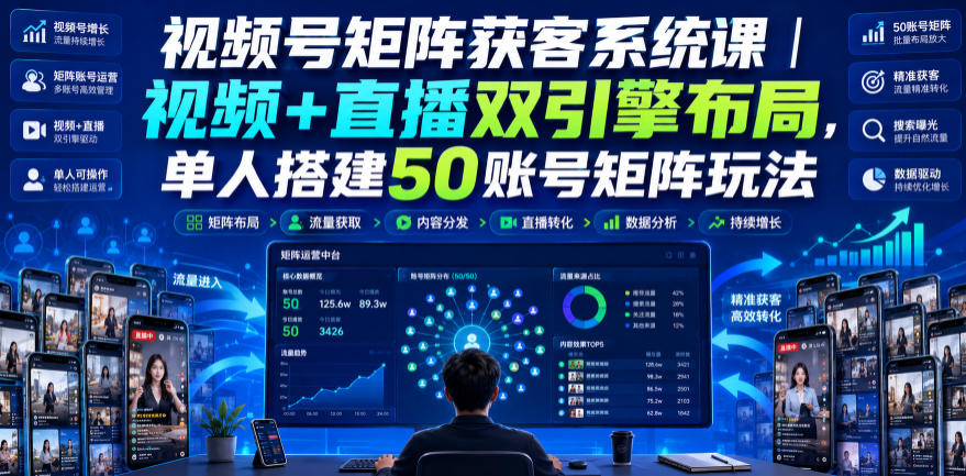 视频号矩阵获客系统课｜视频+直播双引擎布局，单人搭建50账号矩阵玩法，流量入池、搜索占位、全域引流沉淀私域全流程教学-MFXUI中国站