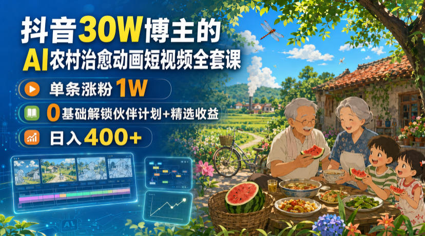 抖音30W博主的AI农村治愈动画短视频全套课｜单条涨粉1W，0基础解锁伙伴计划+精选收益，日入400+-MFXUI中国站