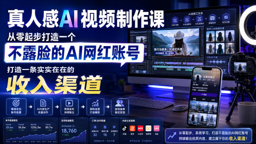 真人感AI视频制作课，从零起步打造一个不露脸的AI网红账号，打造一条实实在在的收入渠道【原创双语字幕】-MFXUI中国站