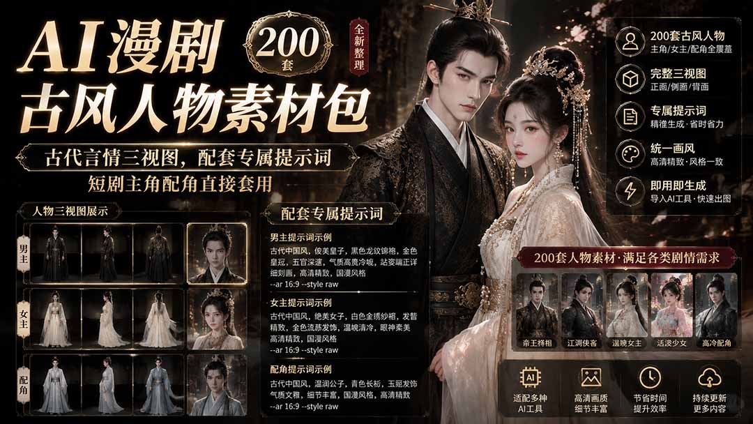 AI漫剧古风人物素材包+提示词｜200 套古代言情三视图，配套专属提示词短剧主角配角直接套用-MFXUI中国站
