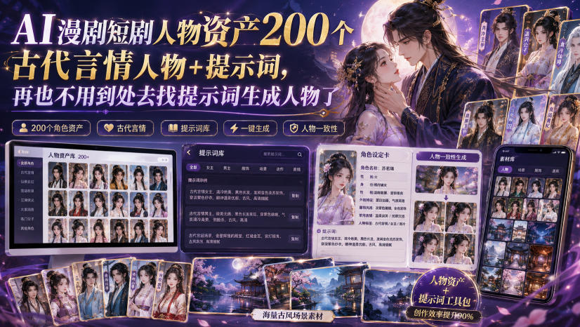 AI漫剧短剧人物资产200个古代言情人物+提示词,再也不用到处去找提示词生成人物了-MFXUI中国站