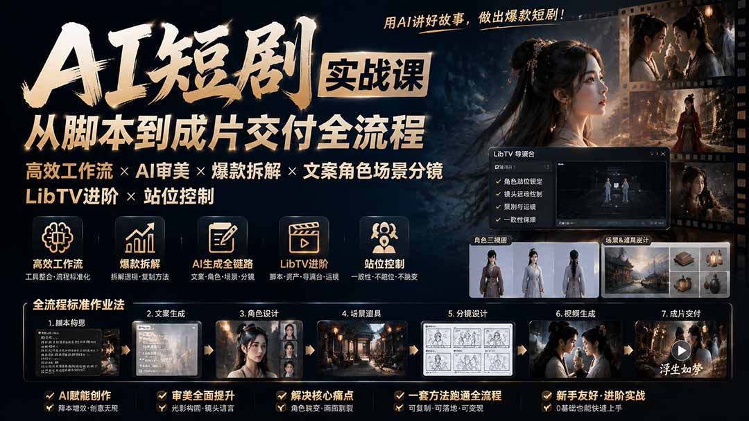 AI短剧实战课:高效工作流×AI审美×爆款拆解×文案角色场景分镜×LibTV进阶×站位控制×从脚本到成片交付全流程-MFXUI中国站