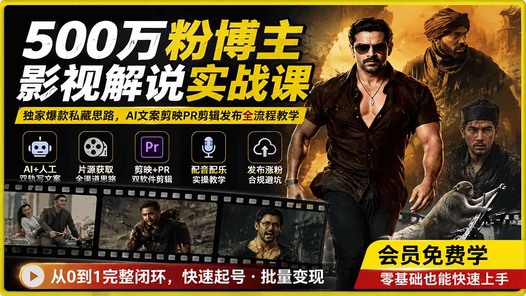 500万粉博主影视解说实战课｜独家爆款私藏思路，AI文案剪映PR剪辑发布全流程教学-MFXUI中国站