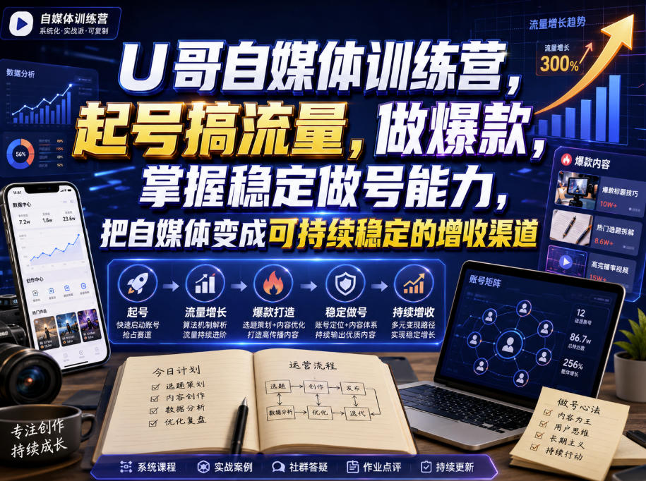 U哥自媒体训练营，起号搞流量，做爆款，掌握稳定做号能力，把自媒体变成可持续稳定的增收渠道-MFXUI中国站