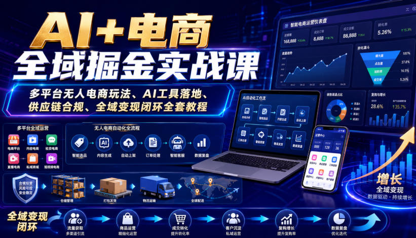 AI+电商全域掘金实战课|多平台无人电商玩法、AI工具落地、供应链合规、全域变现闭环全套教程-MFXUI中国站