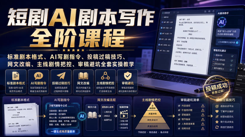 短剧AI剧本写作全阶课程｜标准剧本格式、AI写剧指令、投稿过稿技巧、网文改编、主线剧情把控、审稿避坑全套实操教学-MFXUI中国站