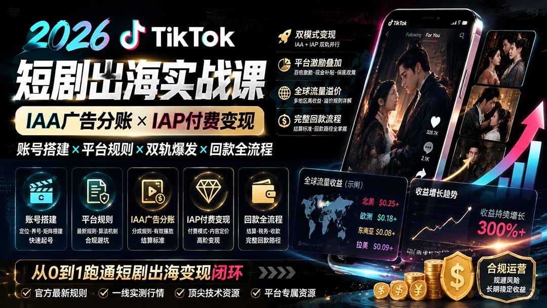 2026TikTok短剧出海实战课：IAA广告分账×IAP付费变现×账号搭建×平台规则×双轨爆发×回款全流程-MFXUI中国站