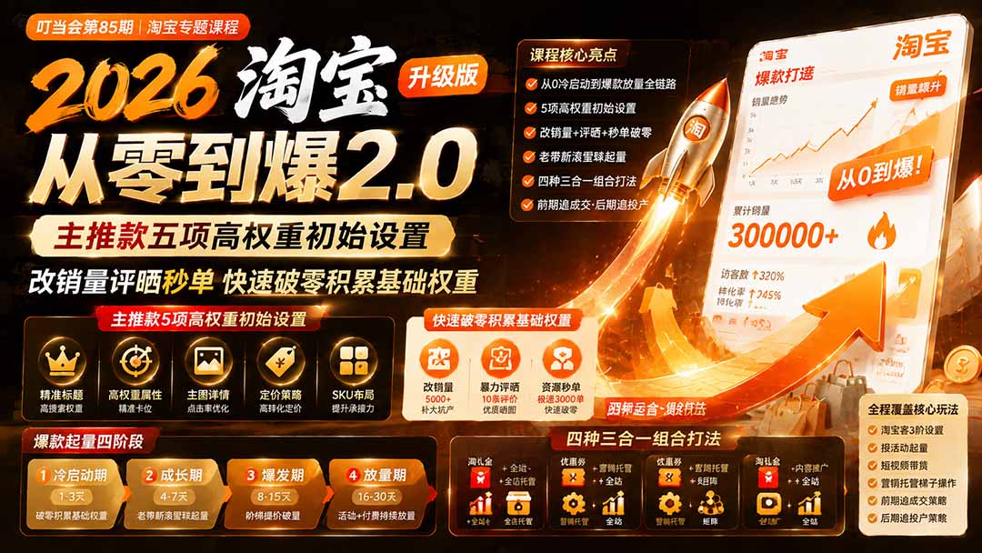 2026淘宝从零到爆2.0第85期；主推款五项高权重初始设置，改销量评晒秒单快速破零积累基础权重-MFXUI中国站
