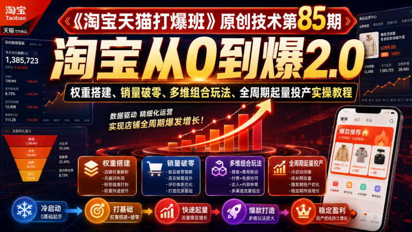《淘宝天猫打爆班》原创技术第85期，淘宝从0到爆2.0，权重搭建、销量破零、多维组合玩法、全周期起量投产实操教程-MFXUI中国站
