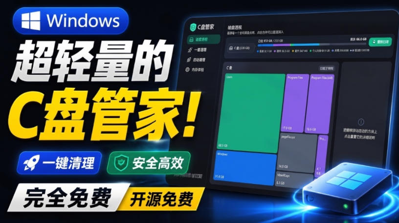 Windows超轻量的C盘管家！超级有特点，支持磁盘分析及清理提醒，2M大小体积，完全免费C盘管家-MFXUI中国站