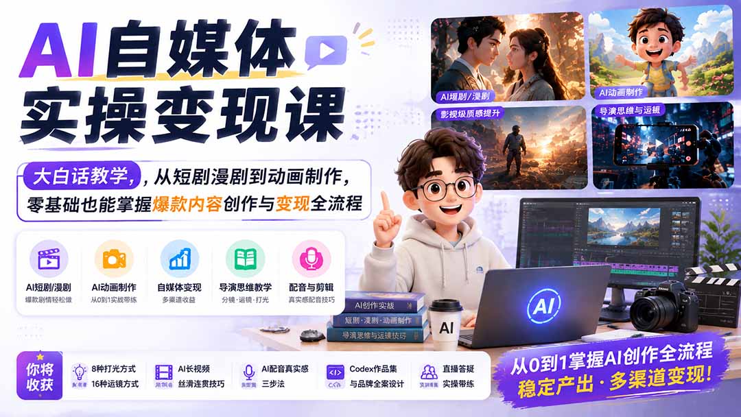 AI自媒体实操变现课｜大白话教学，从短剧漫剧到动画制作，零基础也能掌握爆款内容创作与变现全流程-MFXUI中国站