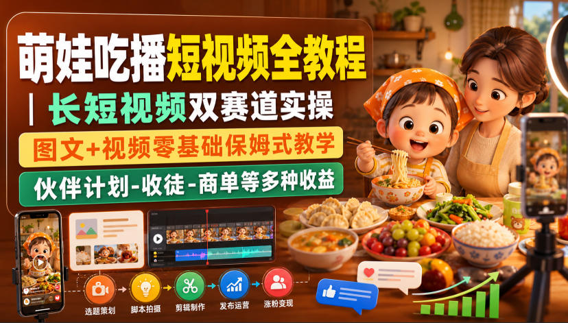 萌娃吃播短视频全教程｜长短视频双赛道实操，图文+视频零基础保姆式教学，伙伴计划-收徒-商单等多种变现方式-MFXUI中国站