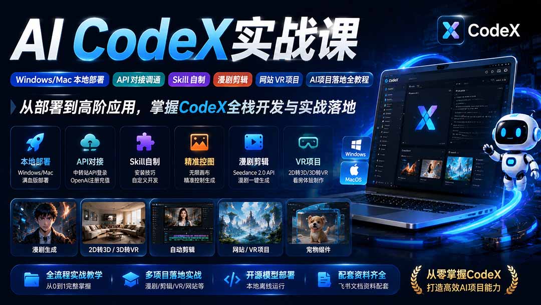AI CodeX实战课|Windows/Mac 本地部署|API 对接调通|Skill 自制|漫剧剪辑|网站 VR 项目|AI项目落地全教程-MFXUI中国站