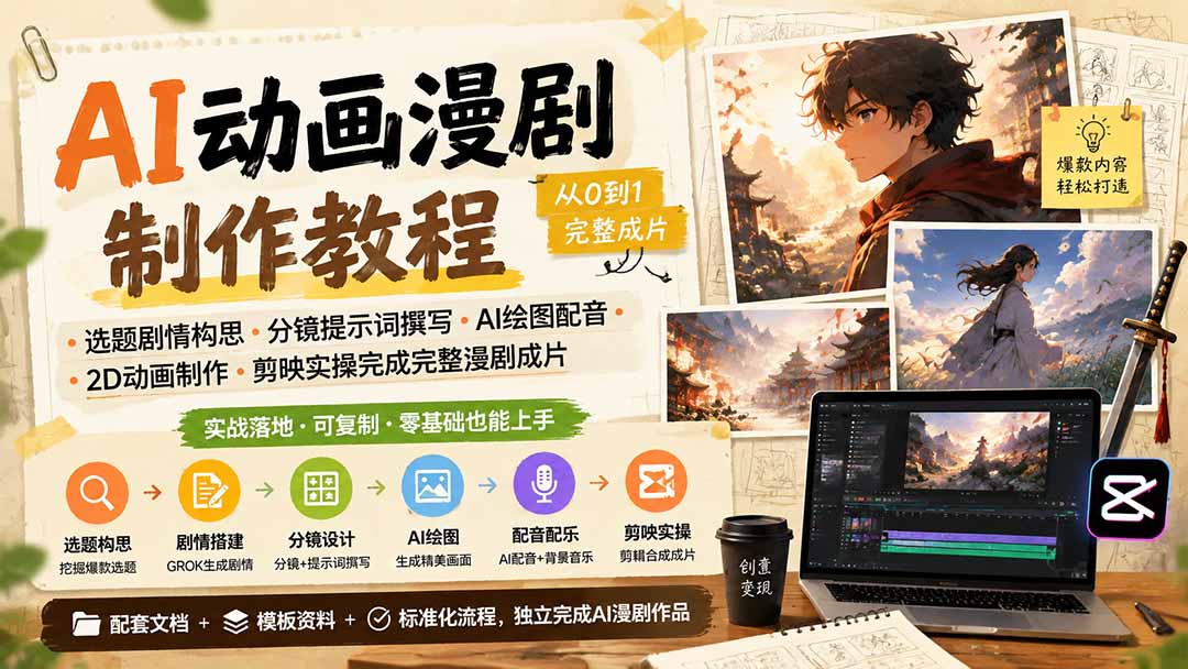 AI动画漫剧制作教程|选题剧情构思·分镜提示词撰写·AI绘图配音·2D动画制作·剪映实操完成完整漫剧成片-MFXUI中国站