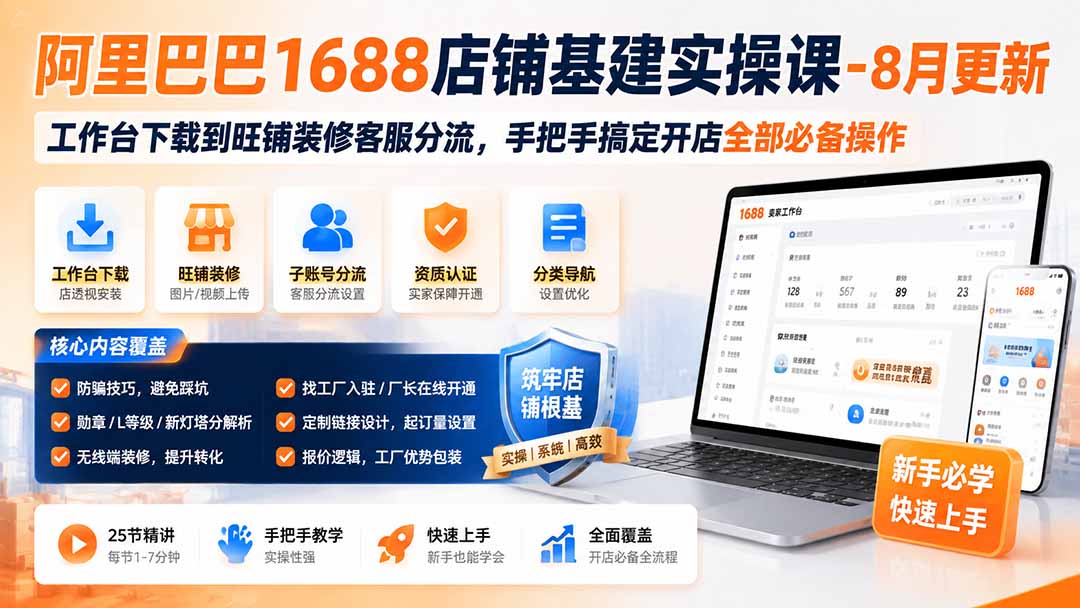 阿里巴巴1688店铺基建实操课-8月更新；工作台下载到旺铺装修客服分流，手把手搞定开店全部必备操作-MFXUI中国站