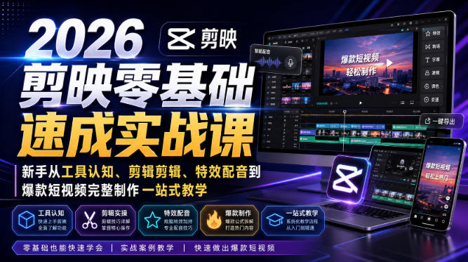 2026剪映零基础速成实战课｜新手从工具认知、剪辑剪辑、特效配音到爆款短视频完整制作一站式教学-MFXUI中国站