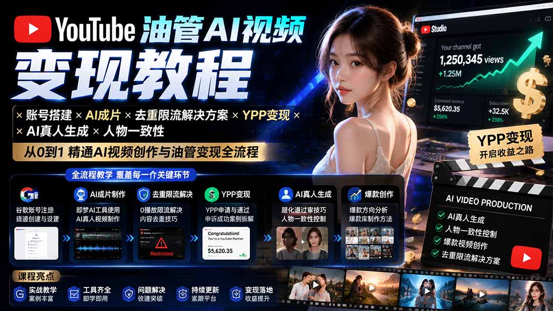 YouTube油管AI视频变现教程-更新：账号搭建×AI成片×去重限流解决方案×YPP变现×AI真人生成×人物一致性-MFXUI中国站