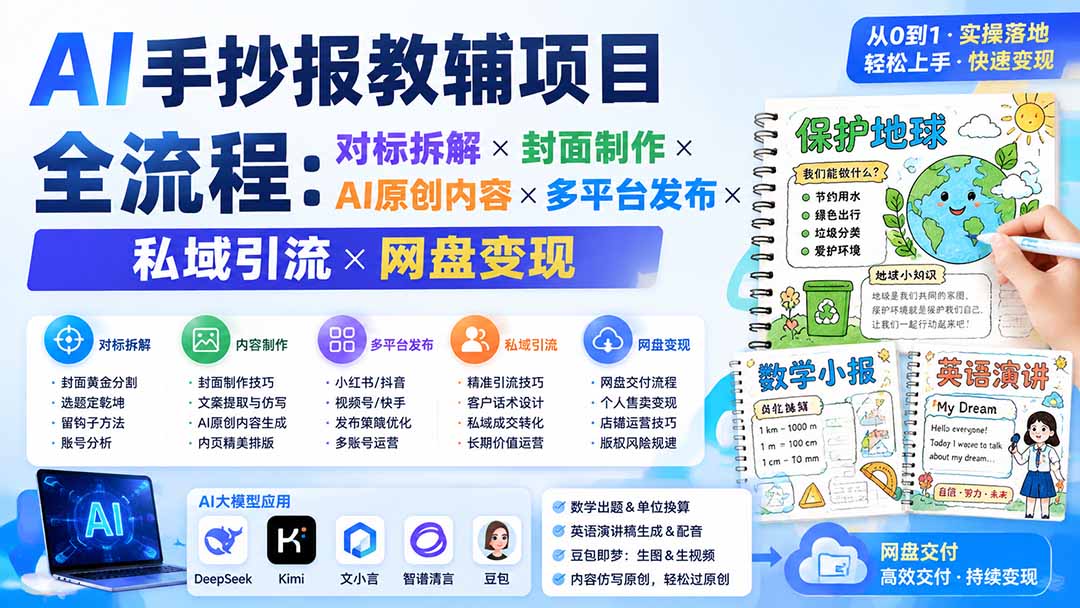 AI手抄报教辅项目全流程：对标拆解×封面制作×AI原创内容×多平台发布×私域引流×网盘变现-MFXUI中国站