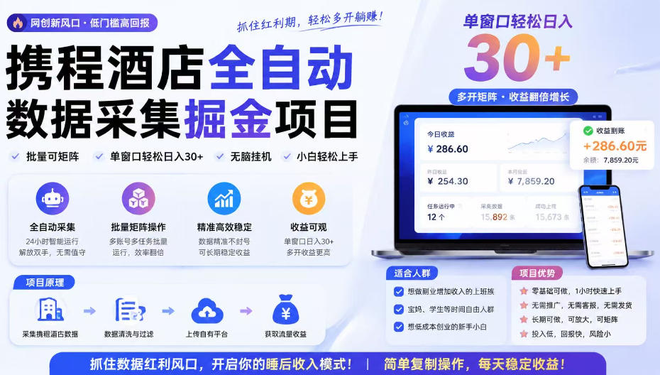 携程酒店采集挂G项目，批量可矩阵，单机轻松日入300+，开启你的睡后收入模式!【揭秘】-MFXUI中国站