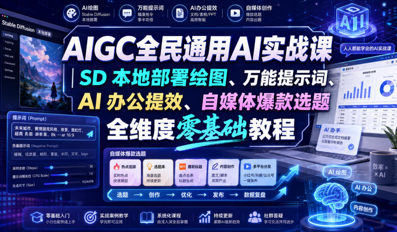 AIGC全民通用AI实战课｜SD本地部署绘图、万能提示词、AI办公提效、自媒体爆款选题全维度零基础教程-MFXUI中国站