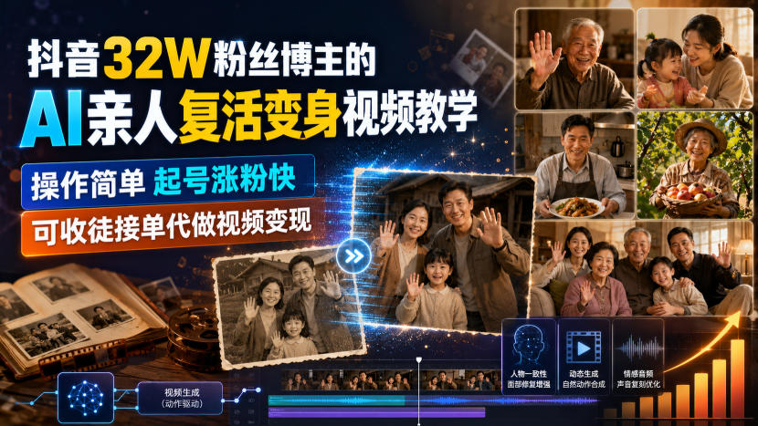 抖音32W粉丝博主的AI亲人复活变身视频教学,操作简单,起号涨粉快,可收徒接单代做视频变现-MFXUI中国站
