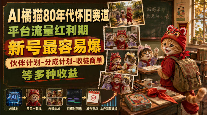AI橘猫80年代怀旧赛道,平台流量红利期,新号最容易爆,伙伴计划-分成计划-收徒商单等多种收益-MFXUI中国站