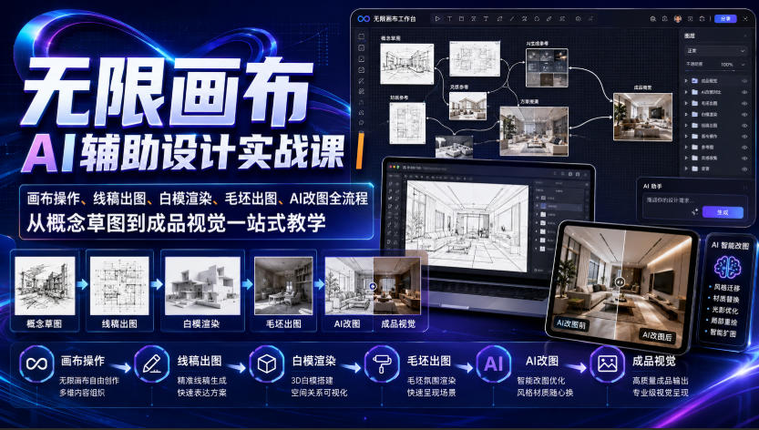 无限画布AI辅助设计实战课｜画布操作、线稿出图、白模渲染、毛坯出图、AI改图全流程，从概念草图到成品视觉一站式教学-MFXUI中国站