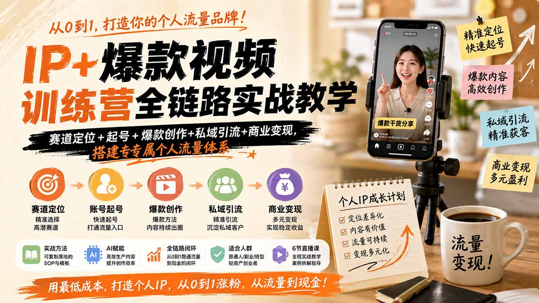 IP+爆款视频训练营全链路实战教学;赛道定位+起号+爆款创作+私域引流+商业变现,搭建专属个人流量体系-MFXUI中国站