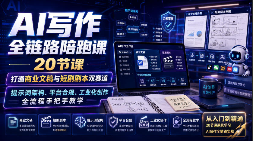 AI写作全链路陪跑课｜20节课打通商业文稿与短剧剧本双赛道，提示词架构、平台合规、工业化创作全流程手把手教学-MFXUI中国站