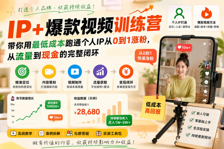 IP+爆款视频训练营，带你用最低成本跑通个人IP从0到1涨粉，从流量到现金的完整闭环-MFXUI中国站