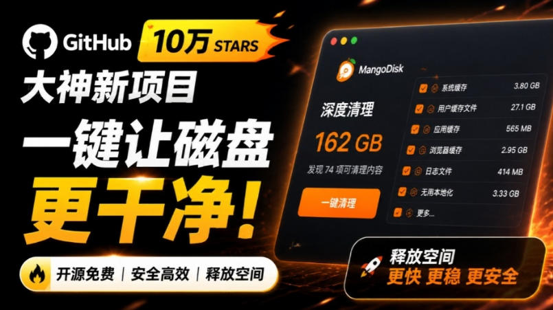 在Gtihub上做出10万stars的大神，又发布新项目了！一键让磁盘更干净，开源免费清理工具MangoDisk-MFXUI中国站