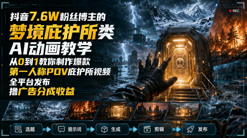抖音7.6W粉丝博主的梦境庇护所类AI动画教学，从0到1教你制作爆款第一人称POV庇护所视频，全平台发布撸广告分成收益-MFXUI中国站