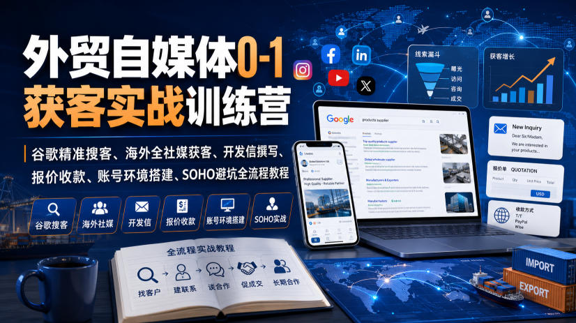 外贸自媒体0-1获客实战训练营｜谷歌精准搜客、海外全社媒获客、开发信撰写、报价收款、账号环境搭建、SOHO避坑全流程教程(更新)-MFXUI中国站