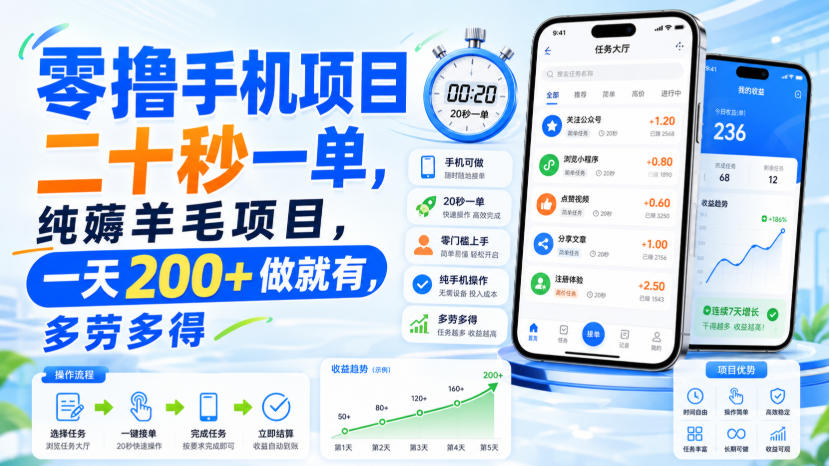 零撸手机项目，二十秒一单，纯薅羊毛项目，一天200+做就有，多劳多得【揭秘】-MFXUI中国站