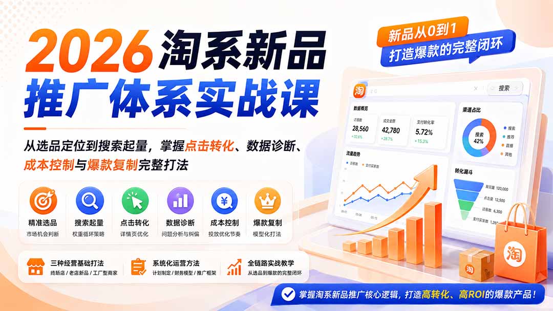 2026淘系新品推广体系实战课：从选品定位到搜索起量，掌握点击转化、数据诊断、成本控制与爆款复制完整打法-MFXUI中国站