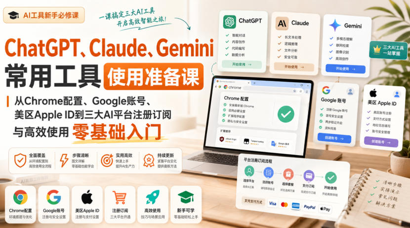 ChatGPT、Claude、Gemini常用工具使用准备课|从Chrome配置、Google账号、美区Apple ID到三大AI平台注册订阅与高效使用零基础入门-MFXUI中国站